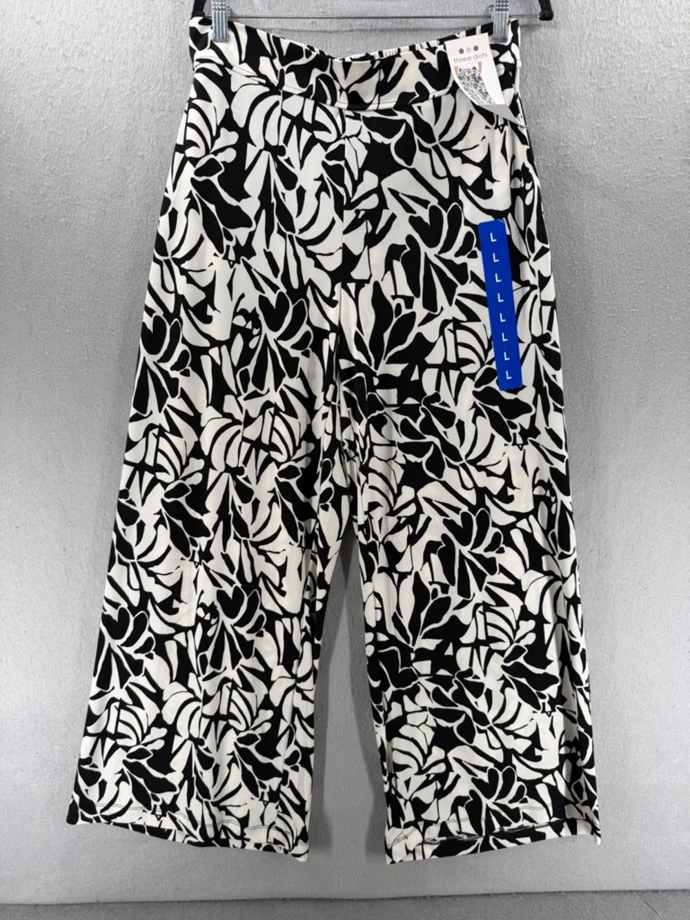 Three Dots Pants Womens L Black White Print Palazzo Resortwear Boho Comfy NWT - Picture 1 of 13